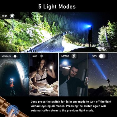 Ліхтар Blukar LED акумуляторний, 500000 люмен, тактичний, з 5 режимами, водонепроникний IP67, для кемпінгу, туризму, риболовлі та надзвичайних ситуацій (колір: коричневий)