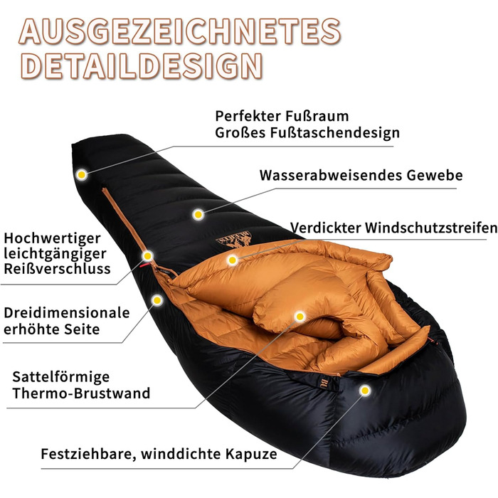 Спальний мішок зимовий Buerts, для температур від 0 до -24°C. Ultraleichter Mumien-Schлаfsack, чорний, для дорослих та підлітків, кемпінг, походи, трекінг.