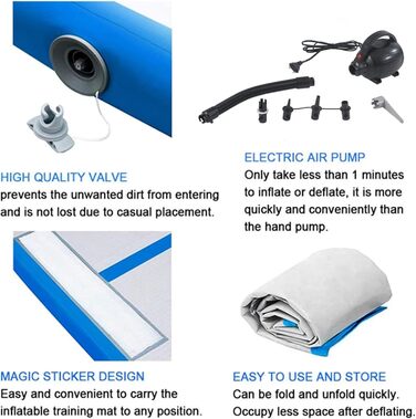 Гімнастичний мат Air Track для тумблінгу та йоги з електричним насосом, протиковзкий та водонепроникний, 400x100x10 см (Синій)