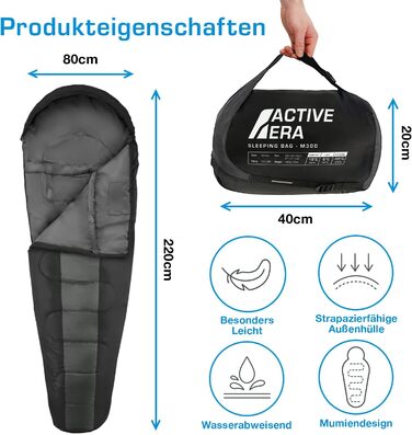 Сплячий мішок Active Era Mumienschlafsack: зимовий, літній, водонепроникний, легкий, температурний режим -10°C до 10°C, компактний, для кемпінгу (Чорний)