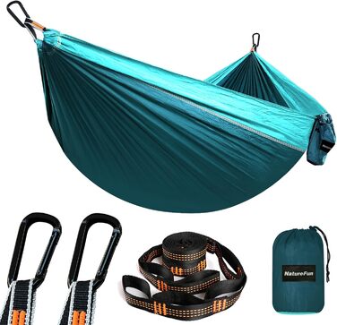 Гамак для кемпінгу NATUREFUN | Легкий, 300 кг, дихаючий, швидковисихаючий, нейлон, 2 карабіни, 2 петлі, для дому, саду, 275 x 140 см, темно-синій/синій