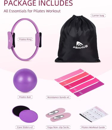Набір для пілатесу Abahub: кільце 35см, м'яч 25см, 5 еластичних стрічок, шкарпетки для йоги, ковзаючі диски. Для жінок, домашні тренування, сила, гнучкість, стабільність та підтяжка тіла (фіолетовий)