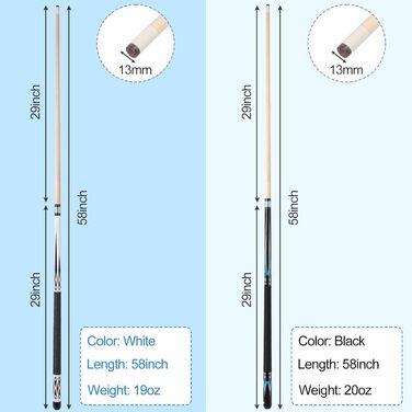 Більярдний кий для пулу з наконечником 13 мм, 1/2 кленова ручка, чорний або білий, 19/20 oz