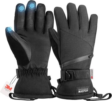 Зимові лижні рукавички OutdoorMaster для чоловіків та жінок, 3M Thinsulate, водонепроникні, теплі, вітрозахисні, з подвійною кишенею, чорні, розмір L