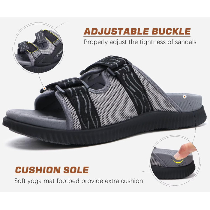 Чоловічі спортивні сандалі KuaiLu з м'якою устілкою, ортопедичні для фасціїту, підошва для хайкінгу, літні, легкі, відкриті, з регульованим липучкою (Сірий, 43 EU)