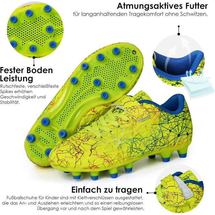 Дитячі футбольні бутси JABASIC для гри на твердих поверхнях, біло-блакитні, з футбольними шкарпетками (33 EU, лайм)