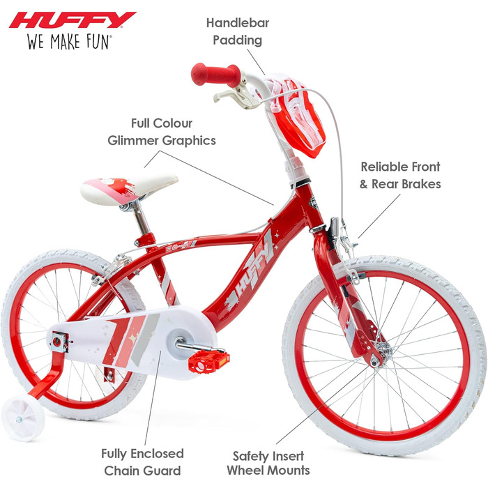 Дитячий велосипед Huffy Glimmer 18 дюймів червоний для дівчаток 6-8 років, легка швидка збірка, зі стабілізаторами