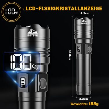 Ліхтар LED BEYSTE 1000000 Люмен, Тактичний ліхтар USB, Водостійкий, Чорний