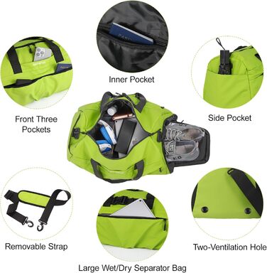 Спортивна сумка для жінок та чоловіків з твердим матеріалом, дорожня сумка з відділенням для взуття, з вентиляційними отворами та вологостійким відділенням, водонепроникна сумка-вікендер, спортивна сумка/сумка для плавання/сауни (Зелена)