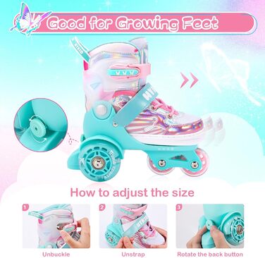 Дитячі ролики для дівчаток, 4 розміри, регульовані, безпечні, з дихаючим верхом, для початківців (XS: 25-27.5 EU)