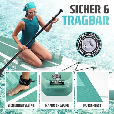 Надувний SUP Борд Fitleap Premium Stand Up Paddle Board - Комплект з насосом, веслом та рюкзаком. Ідеально для початківців та професіоналів, для йоги, серфінгу та водного спорту. (Зелений в смужку, 1 особа)