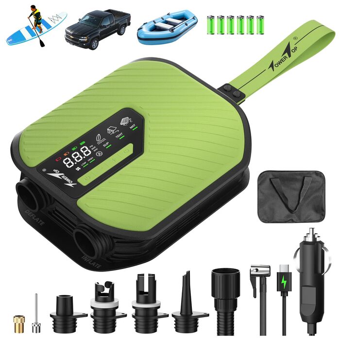 Акумуляторний насос TowerTop Sup Pumpe 10500mAh для SUP-дошки, авто та каяків, 50 PSI, 12V двоступеневий (накачування та випускання) з 8 насадками