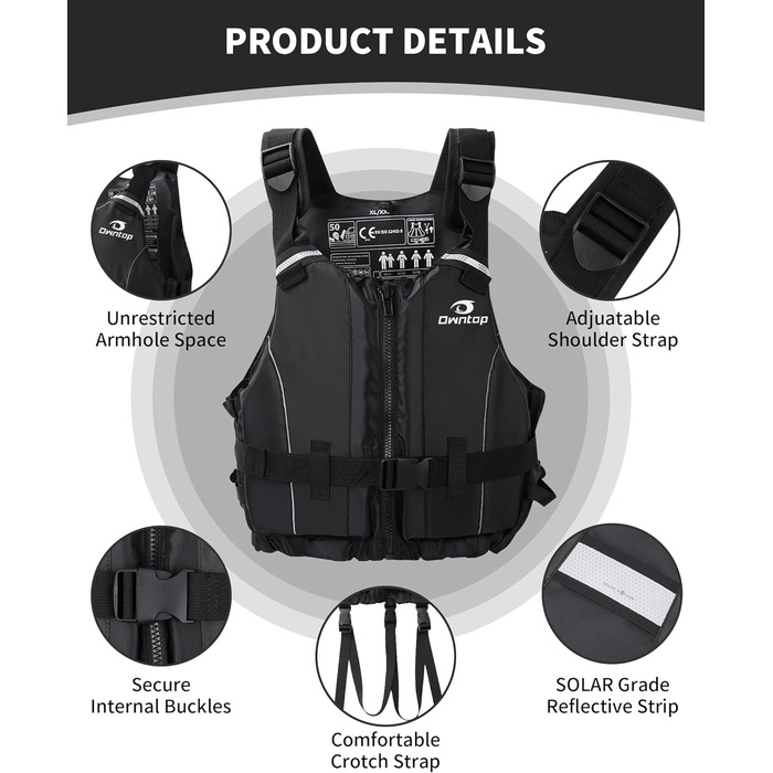 Owntop Плавуча жилетка для дорослих, штанговий ремінь, кишеня, унісекс. Підходить для SUP, каякінгу, риболовлі, вітрильного спорту, каное. Чорний колір, XL-XXL