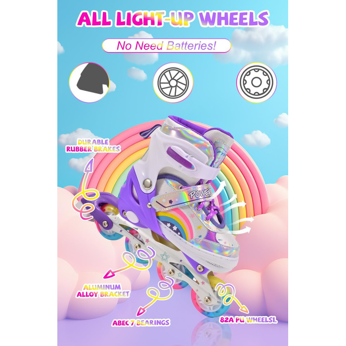 Регульовані роликові ковзани для дітей, дівчаток, початківців. Ролики для дітей та підлітків, кольори: фіолетовий, райдуга.