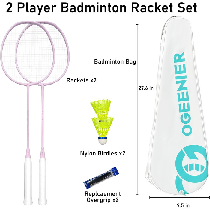Набір для бадмінтону OGEENIER: 2 ракетки, обмотка, 2 волани, 1 ракетка з сумкою (білий, рожевий, 3 1/4 дюйма)