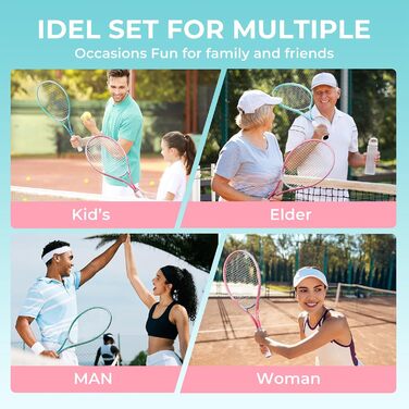 Набір тенісних ракет HIRALIY для дорослих, 68.6 см, 2 ракетки з натягнутою сіткою, 2 овергрипи, 3 м'ячі та сумка, для початківців, рожевий/зелений