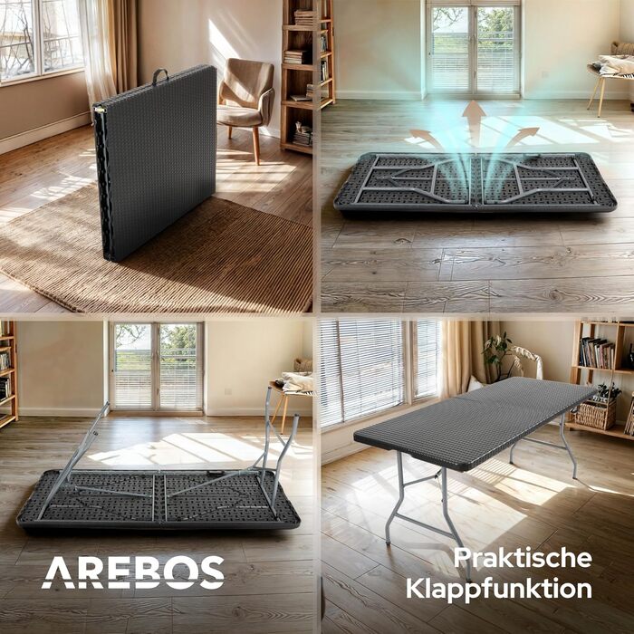 Складаний садовий стіл Arebos Buffettisch 182x74x74 см - чорний | для 8 осіб | з ручкою для перенесення