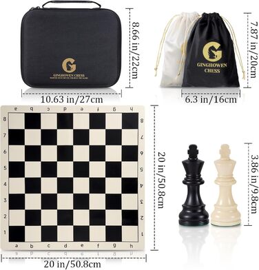 Набір шахів зі складною дошки з силікону, 50,8 см, фігури з вагою, висота короля 9,8 см, 2 додаткові королеви, складана дошка, портативний набір для подорожей та турнірів, з сумкою