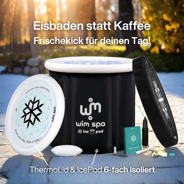 Ice Pod XL від Wim Spa: складане ізольоване ice bath (80 см Ø) для холодної терапії, з термометром та eBook, включає дощовий чохол