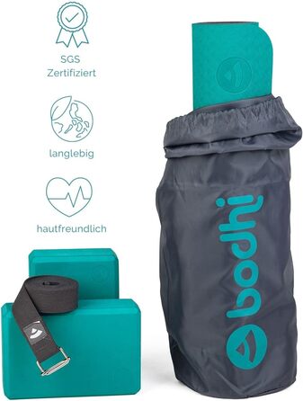 Комплект для йоги Bodhi Yoga Starter-Set: йога-мат TPE, 2 блоки EVA, ремінь бавовна, для початківців, бірюзовий