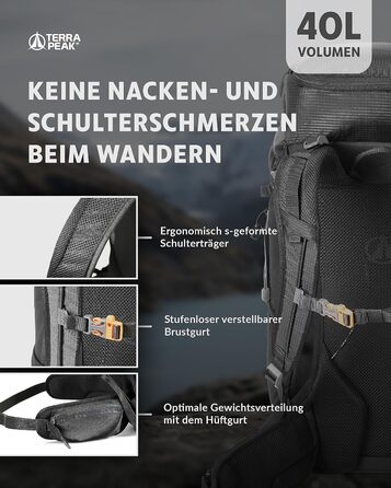Рюкзак Terra Peak 40 л з вентильованою спинкою, тримачем для питної системи та дощовиком, туристичний рюкзак для походів і прогулянок, чорний