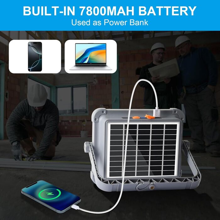 Сонячний прожектор ERAY 150W LED з акумулятором 7800mAh, 336 LED, 4 режими, 2 способи зарядки, портативний кемпінговий ліхтар та робоче освітлення для кемпінгу, гаража, надзвичайних ситуацій на відкритому повітрі, сірий