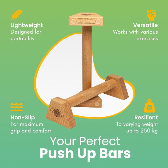 Дерев'яні упори WOODPOWER PowerBars XS-Long для віджимань, стійки на руках та йоги, нековзкі, для занять каллістенікою та фітнесом у приміщенні і на вулиці