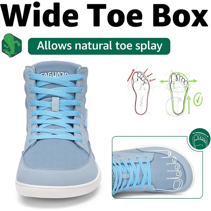 Черевики Saguaro Barfußschuhe High-Top для чоловіків та жінок з широкою передньою частиною та підошвою Zero-Drop, розмір 36-48 (Блакитний, 42 EU)