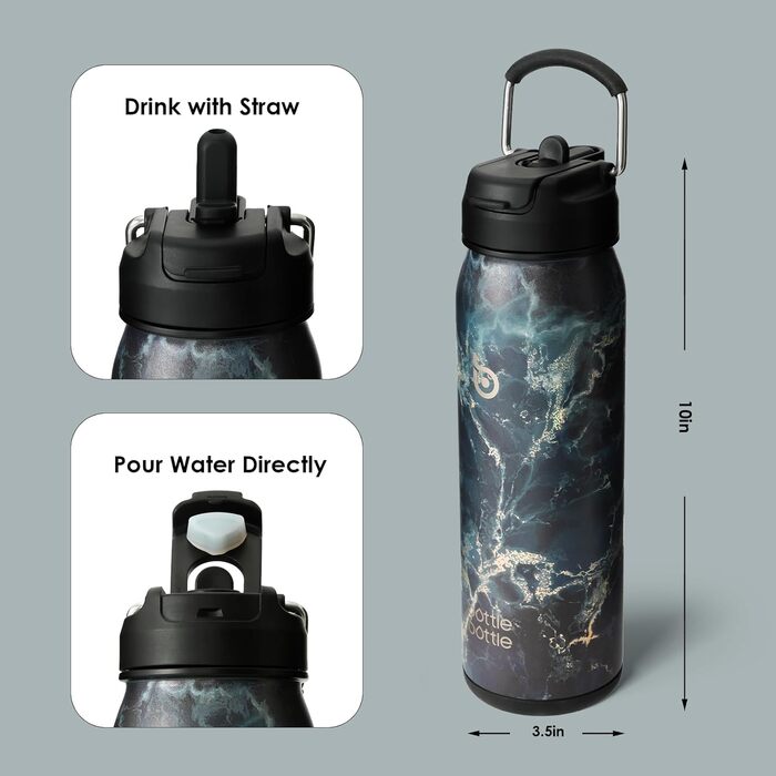 Термобутилка з нержавіючої сталі BOTTLE BOTTLE, спортивна пляшка для води зі соломинкою та регульованою кришкою, для щоденного використання, чорний камінь