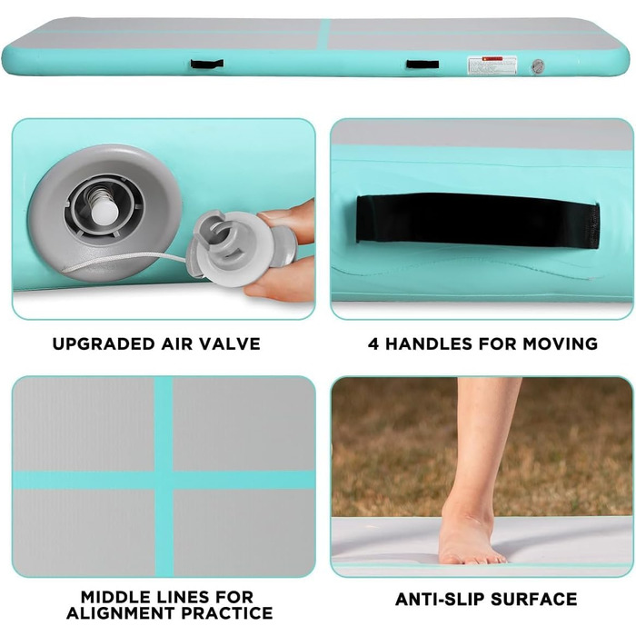 Гімнастичний надувний мат для акробатики та тренувань, 10/20 см, надувний, з насосом, 400x100x10 см, зелений