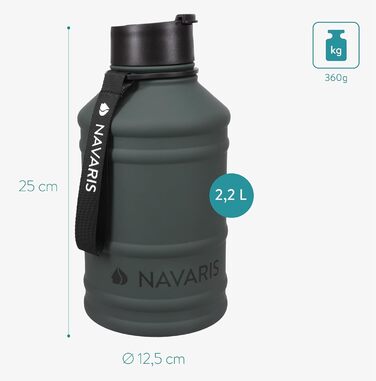 Navaris Фітнес пляшка для води 2,2 л з нержавіючої сталі, спортивна питна пляшка для тренувань, BPA Free, антрацит