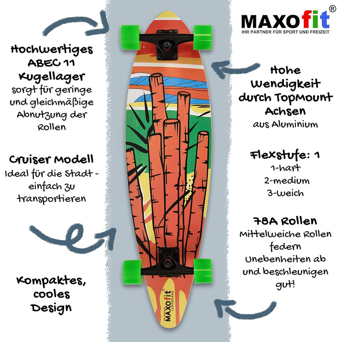 Лонгборд MAXOfit з кленовою/бамбуковою декою, різні дизайни, для початківців і досвідчених, мультяшний стиль