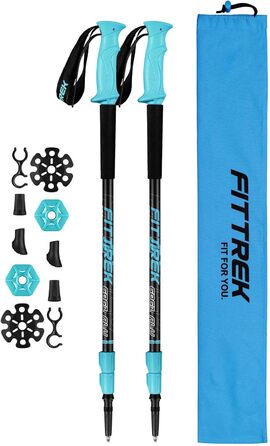 Тrekking-палиці FitTrek: телескопічні палиці для трекінгу та Nordic Walking, легкі, регульовані, з гумовими амортизаторами, підходящі для жінок, чоловіків та дітей (алюміній 6061, блакитні)