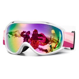 Лижна маска FMY для сноуборду OTG, протизапотіюча з UV400 захистом для чоловіків, жінок та підлітків (біла рама, рожеві лінзи)