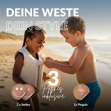 Дитячий жилет для плавання NOARD | Schwimmhilfe з 40+ нашивками для персоналізації | Різні дизайни та розміри | 15–30 кг | 2–6 років | Сертифікований EN 13138-1:2021 для безпечного навчання плаванню | Просто бежевий