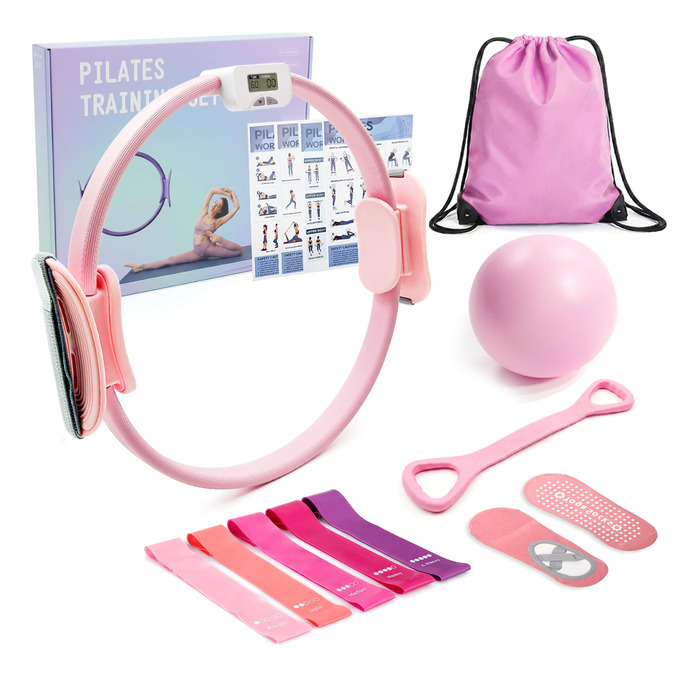 Pilates Set MaxU для жінок: коло 35 см, м'яч, гумові стрічки, кільце з лічильником та шкарпетки. Ідеальний набір для домашніх тренувань для початківців. Рожевий колір.