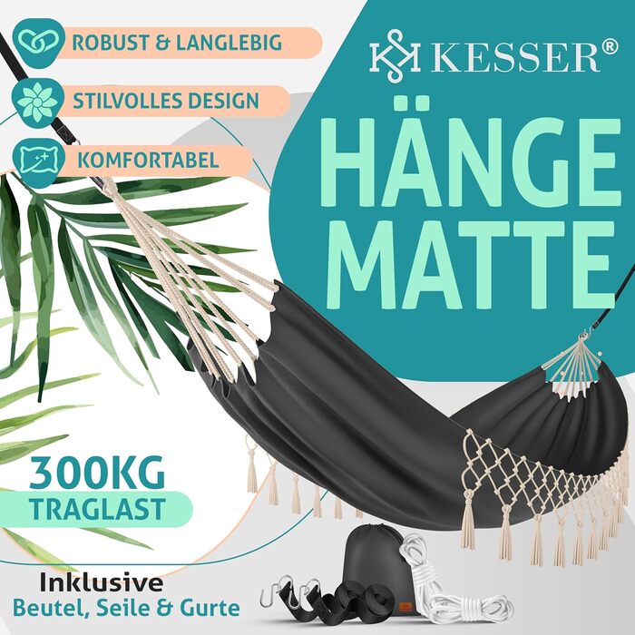 Гамак KESSER® 320x150 см, до 300 кг, з фрінгією, для кемпінгу та відпочинку на природі (Антрацит)