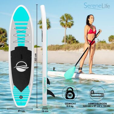Надувна SUP-дошка SereneLife для дітей і дорослих з повним комплектом аксесуарів: антиковзке покриття, насос, весло, сумка для перенесення. Преміум якість для серфінгу та веслування на воді.