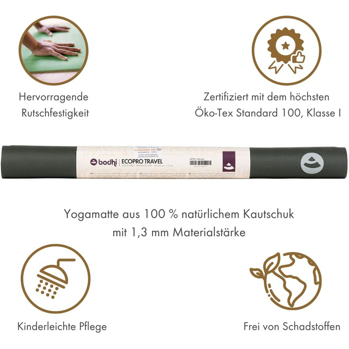 Килимок для йоги Bodhi ECO PRO Travel 100% натуральний каучук, суперлегкий, складаний, екологічний, не ковзає, для йоги та пілатесу, для подорожей, 185x60x0,13 см, сірий