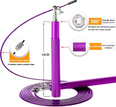 Стрибкова скакалка Speed Jump Rope з поворотним підшипником 360°, регульоване сталеве тросик, алюмінієва ручка з антиковзаючим покриттям – для фітнесу, боксу, спортивних вправ, підходить для дітей та дорослих, фіолетовий