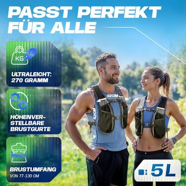 Жилет для бігу SASMO® унісекс 5L/2L - ультралегкий дихаючий рюкзак для бігу, 8 кишень, чорний + 1x500мл пляшка