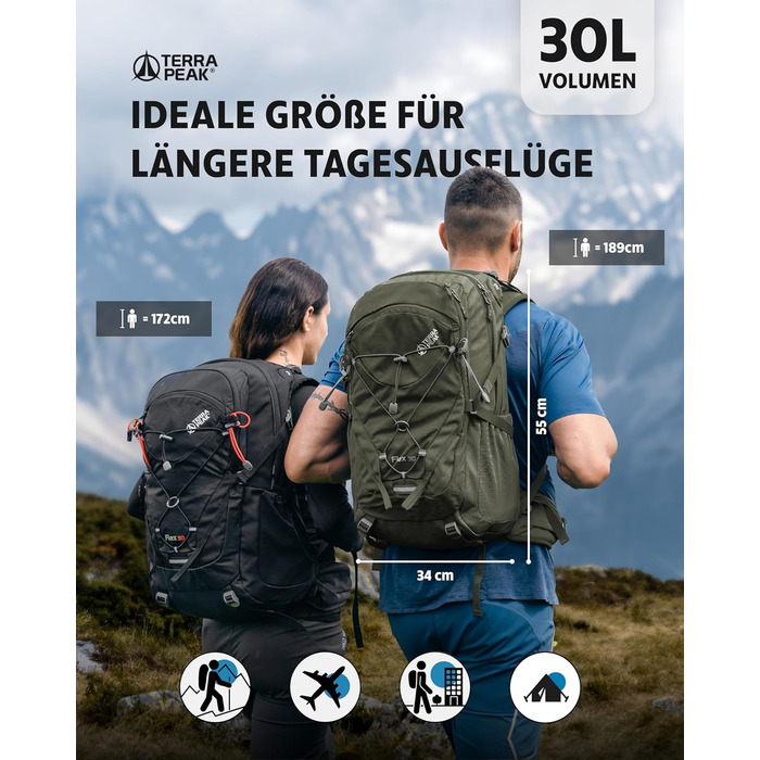 Туристичний рюкзак Terra Peak Flex 30L, з вентиляцією спини, дощовиком і кріпленням для питної системи, середній розмір, 3D Air Mesh, поясний ремінь, преміум якість