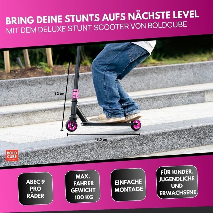Трюковий самокат BOLDCUBE Deluxe Stunt Roller Pink Storm ABEC 9 для дітей, підлітків та дорослих