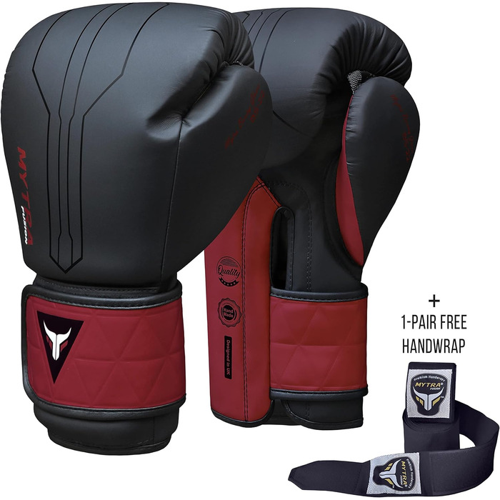 Боксерські рукавички Mytra Fusion 12 oz з бинтами, чорні/бордові, для боксу, ММА, Муай Тай, кікбоксингу, для чоловіків та жінок