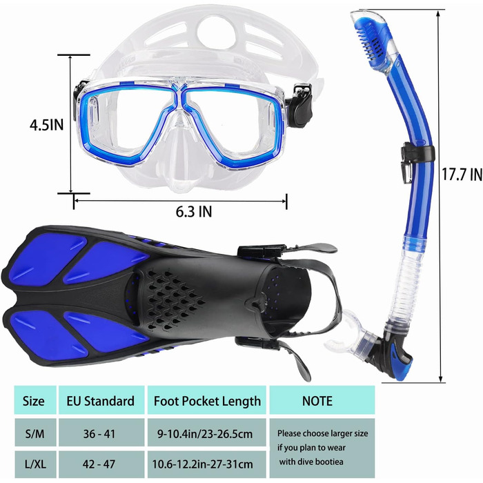 Набір для снорклінгу дорослий з маскою, трубкою Dry Top та ластами, блакитний, S/M (36-41)