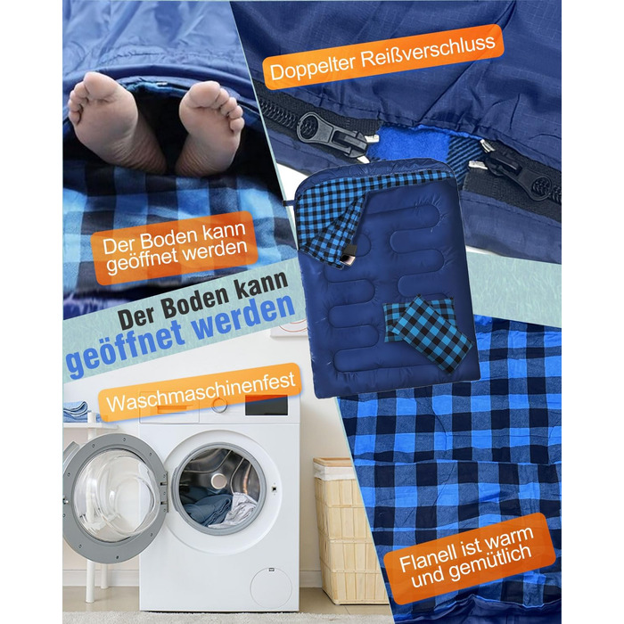 Спальний мішок для двох осіб з флянелі, 220 x 160 см, з двома блискавками, 2 подушки та сумка для перенесення, для дорослих, блакитний