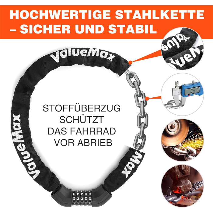Замок для велосипеда ValueMax з кодовим замком, 100 см, 5-значний код, сталевий ланцюг 8 мм, чорний/білий