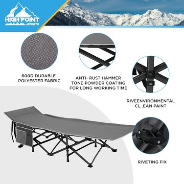 Розкладне ліжко для кемпінгу HIGH POINT SPORTS XXL, 270 кг, стабільне, легке, для дорослих, з сумкою та кишенею, сіре, 190 x 67 x 35 см