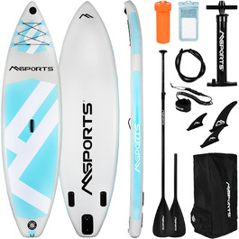 Надувна SUP-дошка MSPORTS з аксесуарами: регульоване весло, якісний насос, 2 веслових стрижні, водонепроникний чохол для смартфона, багатофункціональна сумка, сіро-синя
