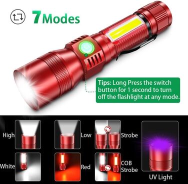 Ліхтарик LED Karrong з USB-зарядкою та магнітом, ультрафіолетовий UV-ліхтарик 395нм, 7 режимів світла (включаючи червоне), акумуляторний набір для кемпінгу та походів, червоний, 2 шт.